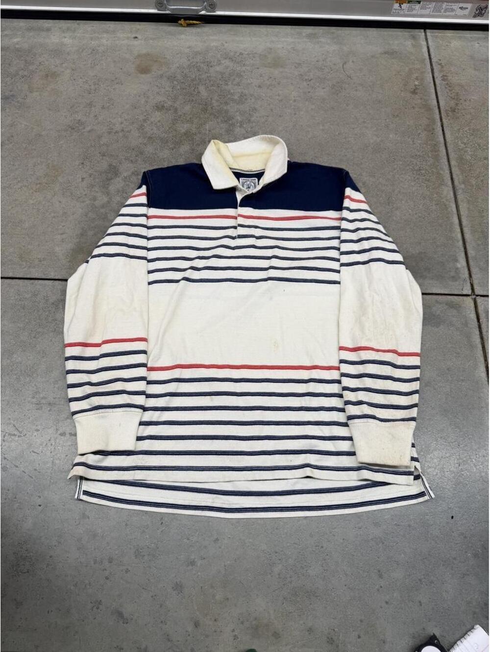 vintage lands end navy white and red striped rugby polo shirt size xl HAS STAIN